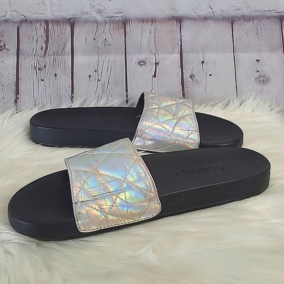 Victoria's Secret PINK Silver Rainbow Holographic Metallic Slide Slip-On Sandals - Picture 13 of 17